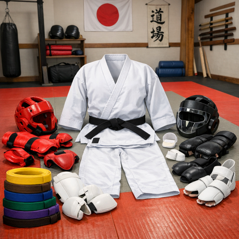 karate gear and equipment in a dojo