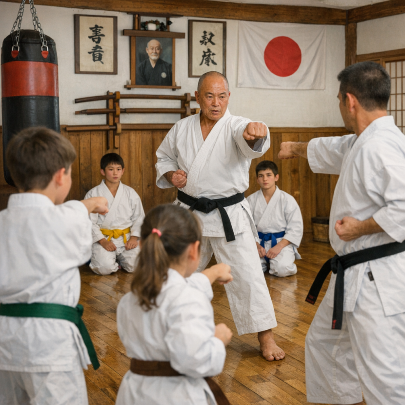 Karate students practicing in a dojo