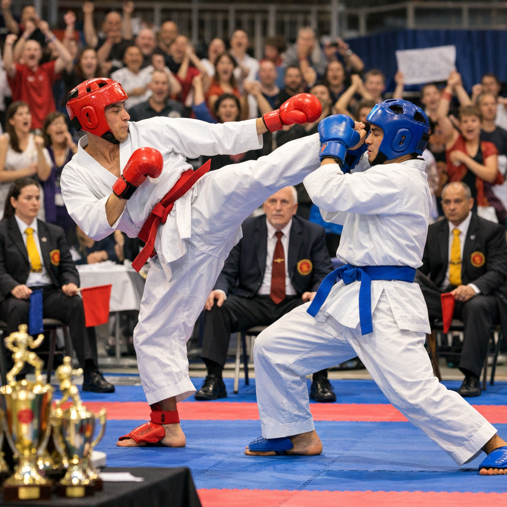 Karate event coverage with competitors sparring