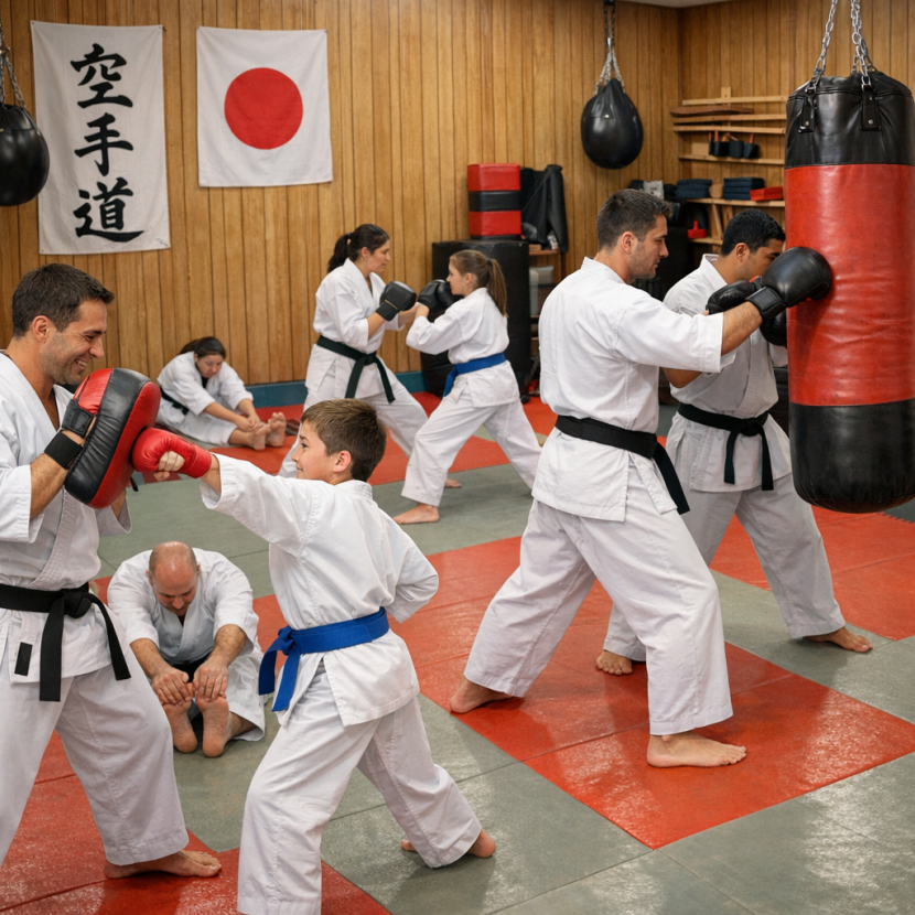 karate training techniques in a dojo