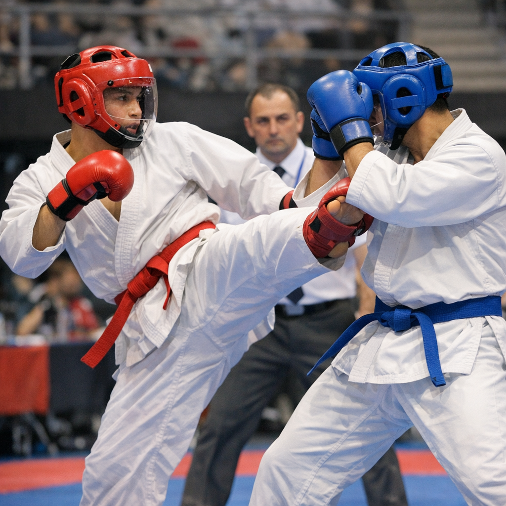 karate sparring match with protective gear