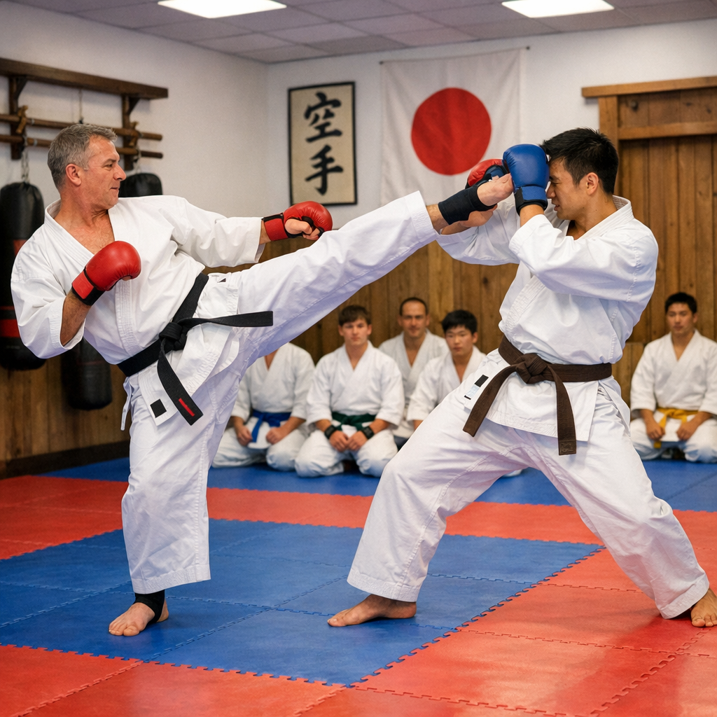 Karate training session showcasing techniques and uniforms