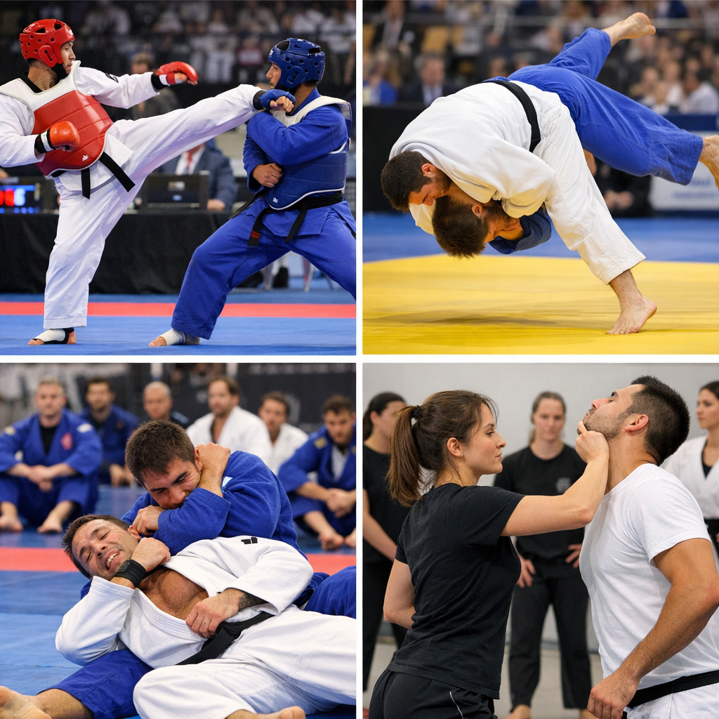 Various martial arts practitioners in a competition setting